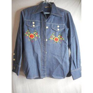 Vintage 60s 70s Floral Embroidered Shirt blue